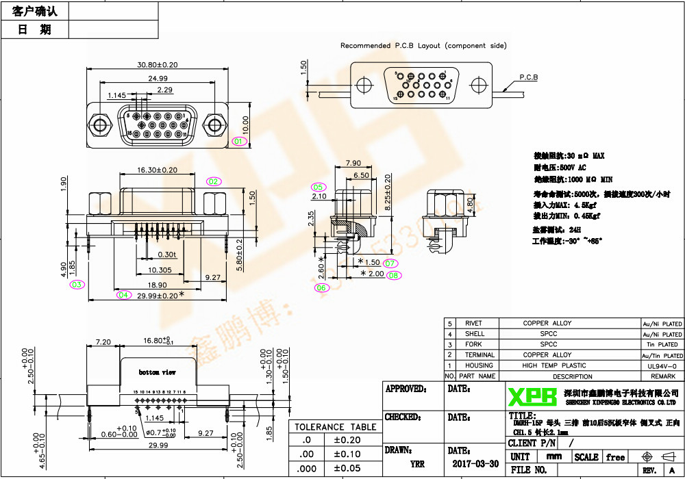 DMRH-15P 母頭 三排 前10后5沉板窄體 側(cè)叉式<a href='/product/' class='keys' title='點擊查看關(guān)于連接器的相關(guān)信息' target='_blank'>連接器</a>規(guī)格書 DMRH-15P 母頭 三排 前10后5沉板窄體 側(cè)叉式連接器規(guī)格書