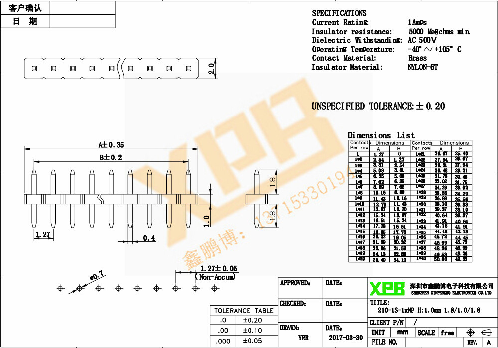 1.27單排直針排針連接器產品規(guī)格書 1.27單排直針排針連接器產品規(guī)格書